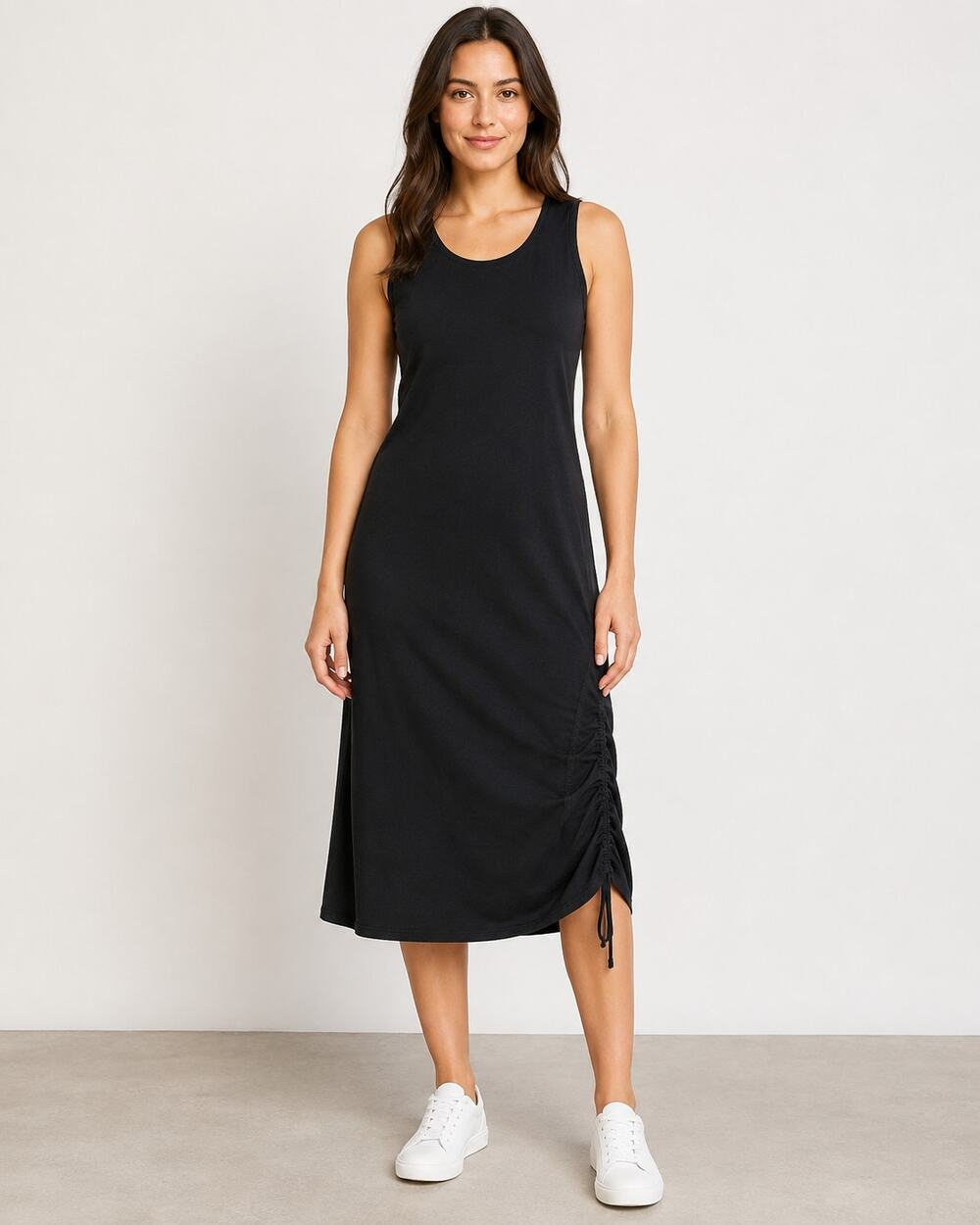 Lululemon Cinch It Dress Black Size 10 Pima Cotton Ruched Side Midi